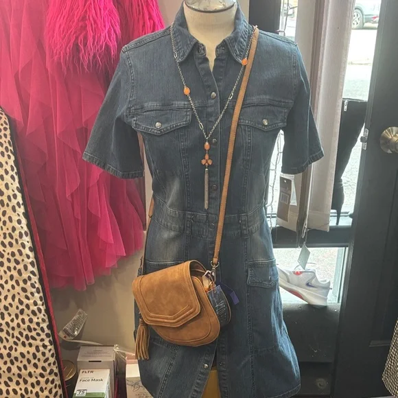 Denim Midi Shirt Dress with Pearl Detail - Blue - Picture 12 of 12